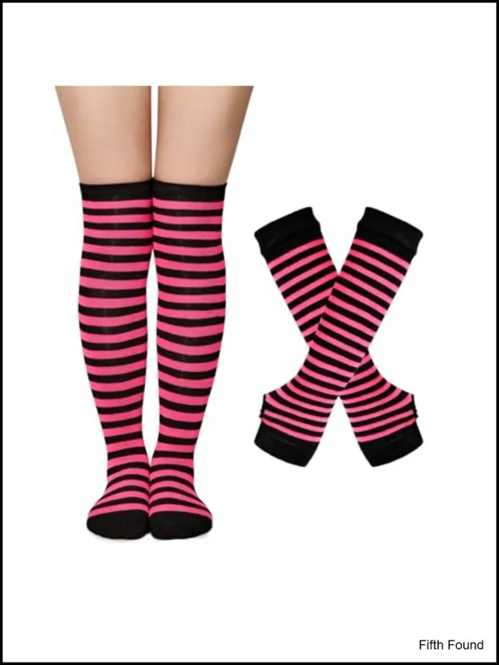 Women Striped Thigh High Socks & Fingerless Gloves Set